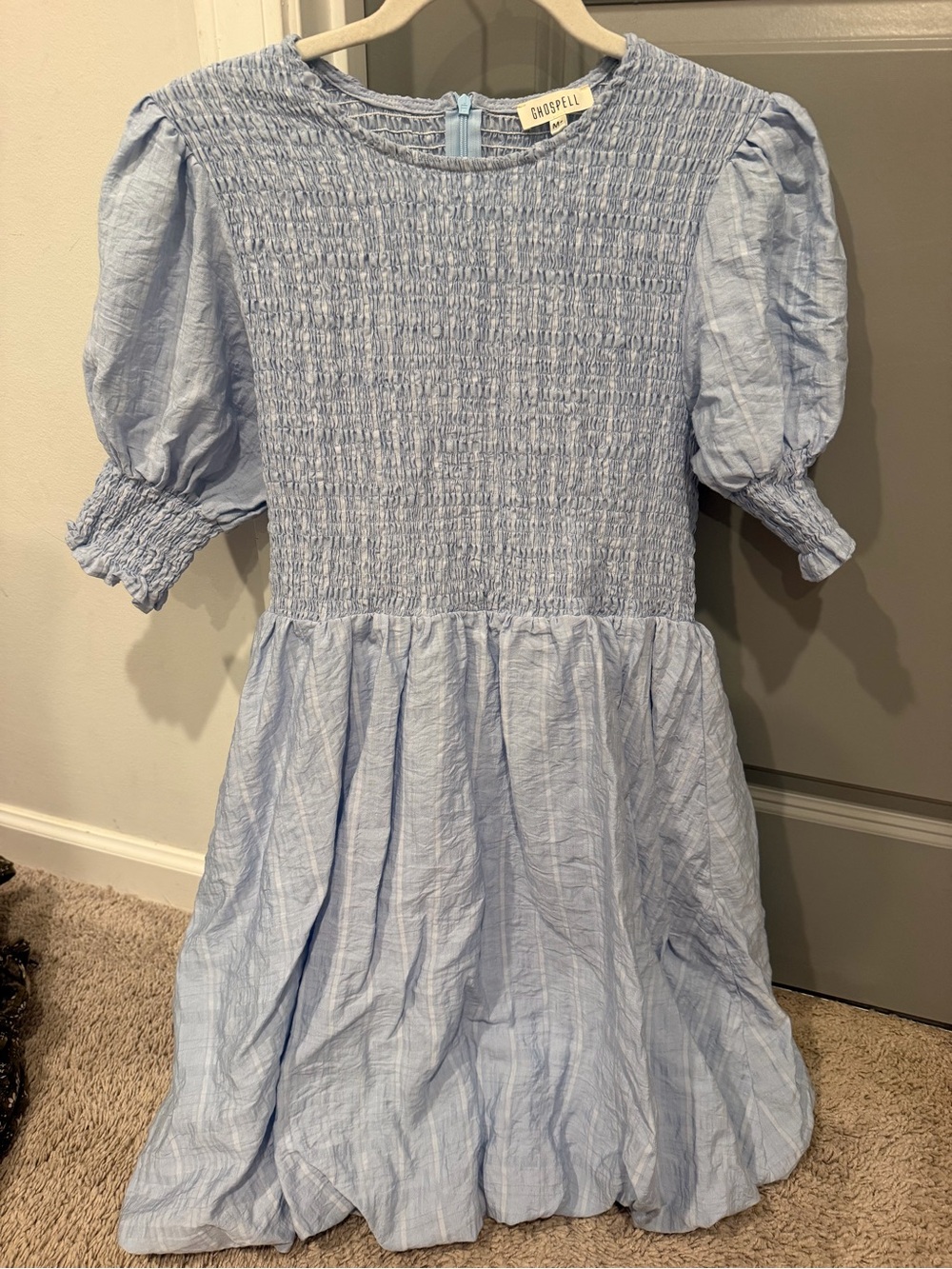 Ghospell Light Blue Smocked Puff-Sleeve Dress